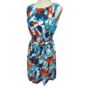 2669)Talbots Multicolor Fit & Flare Belted Sleeveless Cotton Midi Dress Size 12P